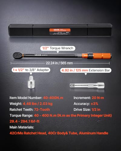VEVOR Torque Wrench 1/2-inch Drive Click Torque Wrench ±3% High Precision, 29.4-294.1 lbf-ft / 40-400 N.m, Dual Scale Readings, with Extension Bar, Adapter and Storage Case, for Automotive Repair - size: 1/2" 3 PCS