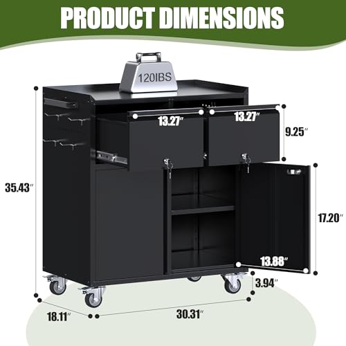 Aobabo Rolling Metal Garage Cabinet with 2 Drawers, Lock and Pegboard - color: Black, size: 18.11"D x 30.31"W x 35.43"H-2 Drawers