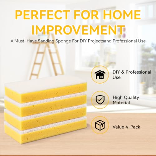 4 Pack 9" Double Drywall Wet Sanding Sponge | 9" Double Sided Sponge for Smooth Surface Finishing, D-ust-Reducing, Washable Drywall Sponge for Home DIY & Professional Use