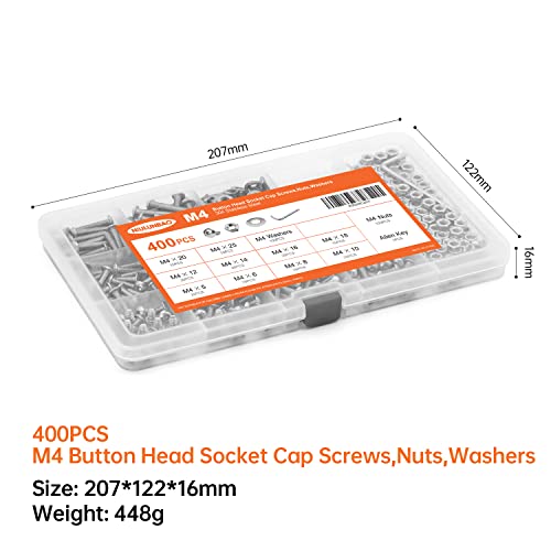 400PCS M4 x 5/6/8/10/12/14/16/18/20/25mm Button Head Socket Cap Screws Bolts and Nuts Flat Washers Assortment Kit, 304 Stainless Steel, Metric Machine Fully Thread, Allen Hex Drive - size: M4 Button Head (400PCS)