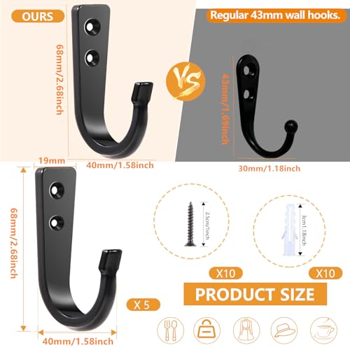 5 Large Size Heavy Duty Wall Hooks, Coat Hooks for Hanging Pans, Backpacks, Coats, Garage Items (Black) - color: 5pack-black, size: Large