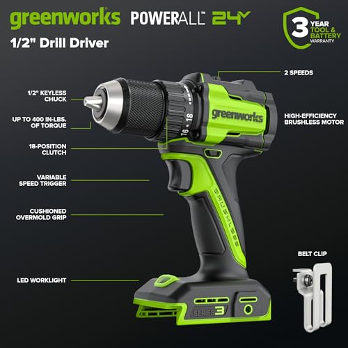 Greenworks 24V Cordless Brushless 400 in-lbs Drill/Driver, Lightweight, LED Work Light,18+1 Clutch, Battery and Charger Sold Separately - size: Tool Only(400 in-lbs Drill Driver)