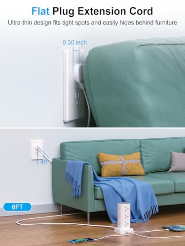 6FT Power Strip Tower Surge Protector, 12 Wide Spaced Outlets, 4 USB - color: White, size: 6FT without Wireless Charging