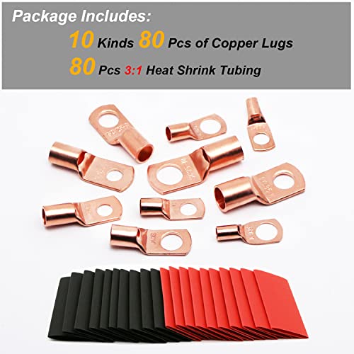 TKDMR 160Pcs Copper Wire Lugs AWG2 4 6 8 10 12 with Heat Shrink Set, 80Pcs Battery Cable Ends Ring Terminals Connectors Tubing Assortment Kit - size: 10 Kind Sizes