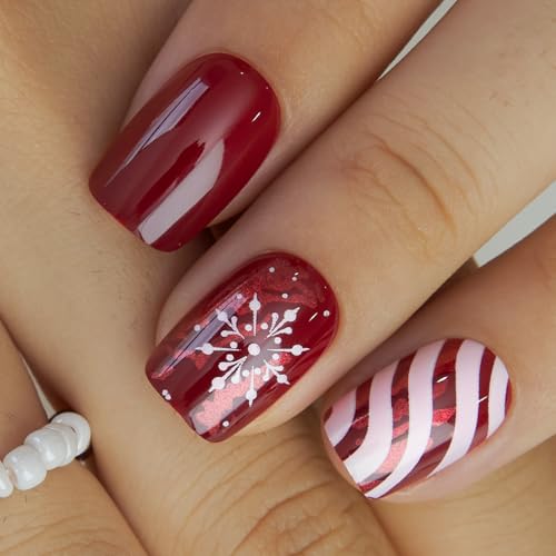 CurvLife Medium Square Christmas Press On Nails, Holiday Frost Red - color: Holiday Frost