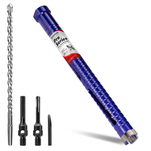 1" Core Drill Bit with Pilot Bit & Adapters(SDS Plus and 1/2" Hex), 5/8"-11 Thread, 9.5" Depth, Upgraded-Welded Segments Diamond Core Bits for Concrete, Masonry, Brick, Stone - size: 1 in