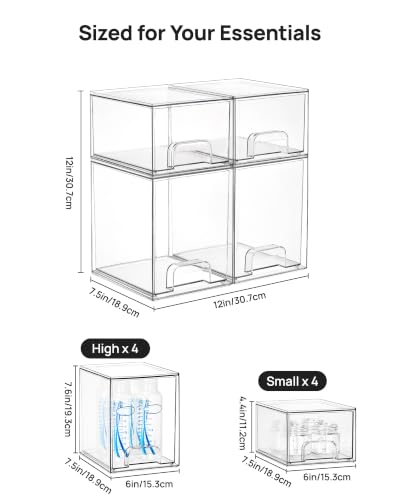 Vtopmart Clear Stackable Storage Drawers Set of 8, Plastic Organizer Bins - style: 4 Small+4 High