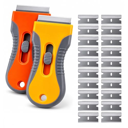 Razor Blade Scraper Set, 2 Safety-Lock Handles + 20 Steel Blades - size: 2pack+20pcs