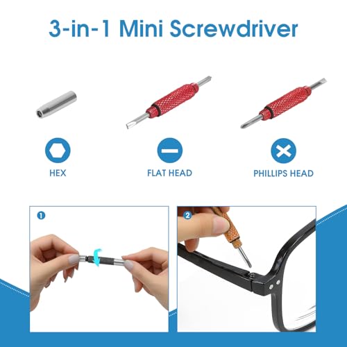 UNEAK - Eyeglass Screwdriver Repair Kit Black & Red & Yellow Precision 3 in 1 Mini Screwdrivers Set Keychain Glasses, Sunglasses, Sunglass, Watch, Electronics, Eyeglasses, Flat Head, Phillips, Hex - color: Black and Red and Yellow
