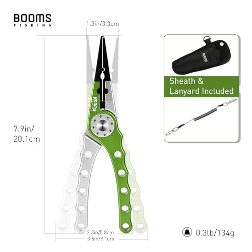 Booms Fishing X1 Aluminum Fishing Pliers Saltwater, Surf Fishing Tackle Kit, Fishing Multitool Hook Remover Braided Fishing Line Cutting and Split Ring with Coiled Lanyard and Sheath - color: Green&silver