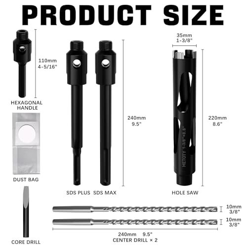Diamond Core Drill Bit 1-3/8"(35mm) with Pilot Bit & Adapters (SDS Plus & Hex) – Upgraded Welded Segments, 8.6" Depth – for Concrete, Solid Brick, Hollow Brick, Masonry & More - size: (1-3/8"/35mm)