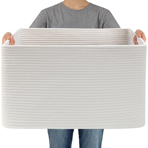 JMvicyroam 65L Large Woven Cotton Rope Blanket Basket, White - color: White, size: 65L