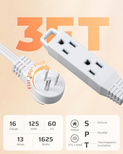 DEWENWILS 3FT 360° Rotating Flat Plug Extension Cord/Wire, 16/3, 2 Pack - color: White, size: 3FT, style: 2 Pack