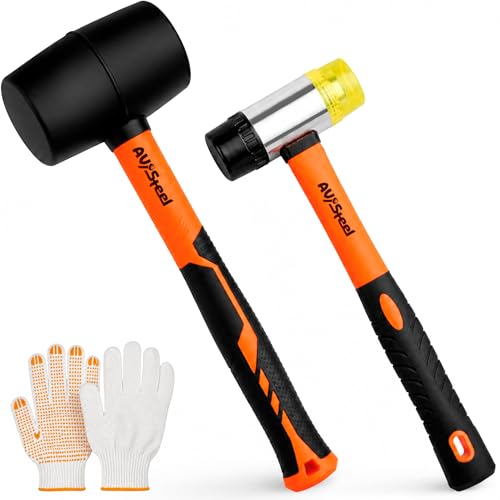 AV Steel 2-Pack Rubber Mallet Hammer Set, 16oz Rubber Hammer & 33mm Double-Faced Soft Mallet with Replaceable Heads and Glove, Fiberglass Handle, Damage-Free for Flooring, Tile, Woodworking