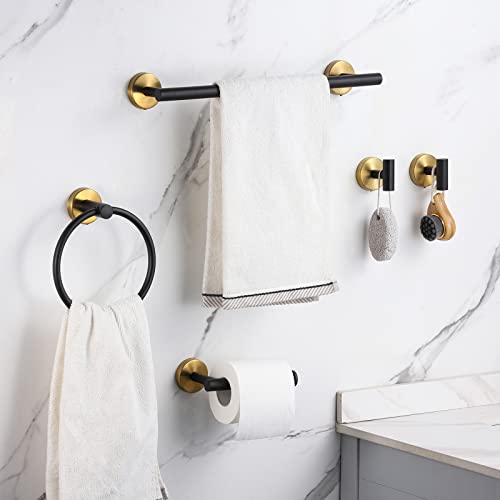 Bathroom Hardware Set Black and Gold，Towel Bar Set Including 2pcs 16inch Towel Bars, 2pcs Toilet Paper Holders, 2pcs Towel Rings and 4pcs Robe Towel Hooks - color: Black Gold-10pcs-16inch