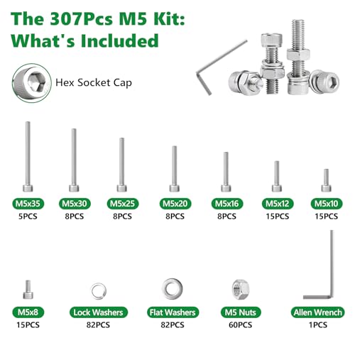 307 Pcs M5 Hex Socket Cap Screws Nuts Flat Washers Kit, 304 SS - size: SS M5 307pcs 3