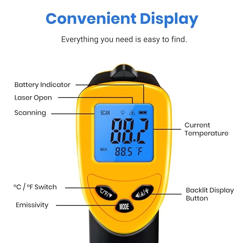Etekcity Infrared Thermometer Laser Temperature Gun, -58°F~1130°F - color: Light Yellow, style: Advanced