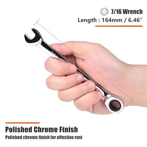 Egofine 7/16 inch Ratcheting Combination Wrench SAE, Industrial Grade Gear Spanner with 12-Point Design, 72-Tooth Ratchet, Chrome Vanadium Steel - size: 7/16"