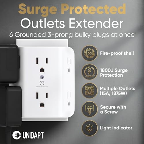 Unidapt 6 Outlet Wall Plug Extender, Surge Protector Power Strip, 1-Pack | 900 Joules, 3 Sided Wide Spaced Outlets, Mountable Wall Tap Multi Plug Charger Expander for Home, Office and Travel - style: 1-Pack