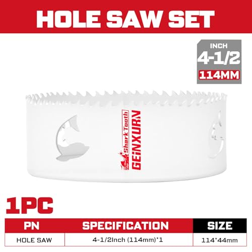 Geinxurn 4-1/2 Inch(114mm) Hole Saw, 1PC HSS Bi-Metal Hole Saw Kit with Shark Tooth Hole Cutter for Wood,Drywall, PVC Boards and Thin Metal - color: 1 PCS 4-1/2"