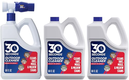 30 Seconds Outdoor Cleaner | Cleans Moss Stains from House, Vinyl Siding, Deck, Patio, Fence - 3 Capped Bottles, 1 Hose End Spray Attachment (64 Fl Oz (Pack of 3) - size: 64 Fl Oz (Pack of 3)