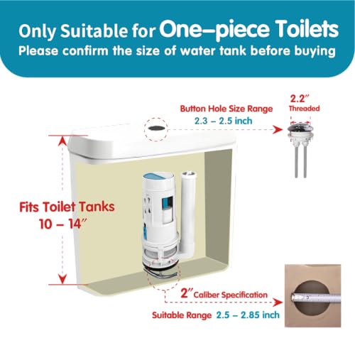 2-Inch Dual Flush Valve Replacement Kit for One-Piece Toilets - Includes 2.2" Threaded Button, 8.2" Flush Valve & Fill Valve - Fits 10-13.5" Tanks with 2.56-2.76" Drain Holes - size: 2-Inch Drain Outlet