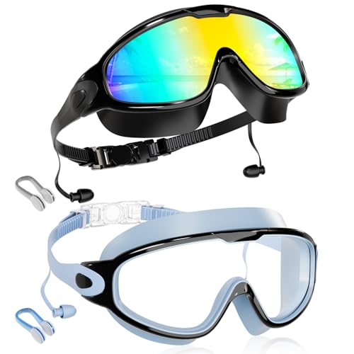 Aegend New Kids 2 Pack Wide View Swim Goggles, Anti-Fog/UV No Leak Goggles with Ear Plugs Kids 3-14 - color: Aqua & Light Blue