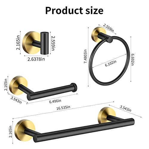 Bathroom Hardware Set Black and Gold，Towel Bar Set Including 2pcs 16inch Towel Bars, 2pcs Toilet Paper Holders, 2pcs Towel Rings and 4pcs Robe Towel Hooks - color: Black Gold-10pcs-16inch