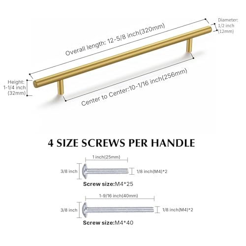 Haliwu 30 Pack 10in Gold Cabinet Handles for Kitchen Cabinet Handles | Stainless Steel, Gold Handles for Cabinets, Round T-Bar Shape, Brushed Gold Cabinet Pulls, Screws Included - size: 10-1/16 inch hole center