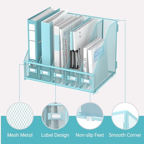 SUPEASY Desk Organizers Metal Desk Magazine File Holder with 5 Vertical Compartments Rack File Organizer for Office Desktop, Classroom, Home Workspace, Blue Plus - color: Blue, size: Large