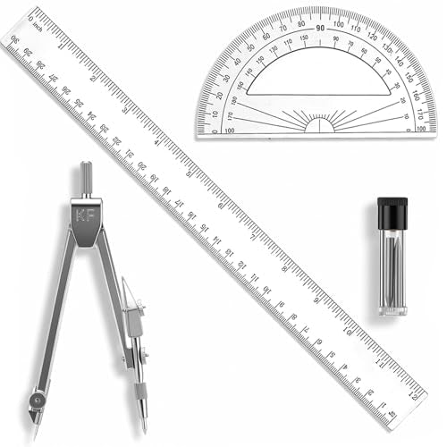 Protractor and Compass Set Plastic 12in Ruler Measuring Tool for Drafting | 2 Inch Ruler 180 Degree Protractor Measuring Tool
