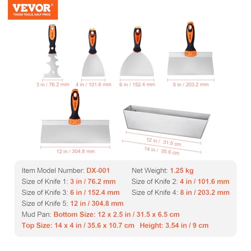 VEVOR Drywall Knife Set, 6 PCS Drywall Tools Includes 3" Painter Scraper, Two Putty Knives, Two Taping Knives and 12" Mud Pan, Stainless Steel Spackle Tool, Drywall Finishing Tools for Home
