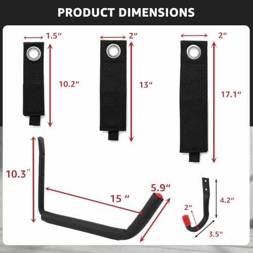 12-Piece Heavy Duty Garage Storage Hooks - 2x15” Jumbo Wall Hooks with Extended EVA Foam Padding (120 LB Capacity) + 4x3.5” Utility Hooks & 6 Storage Straps for Kayak, Paddleboard, Bike & Ladder