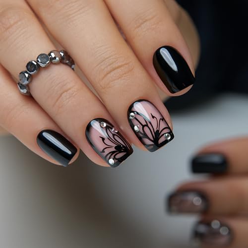 CurvLife Short Square Press On Nails, Rhinestone Swirl Black, Soft Gel - color: black