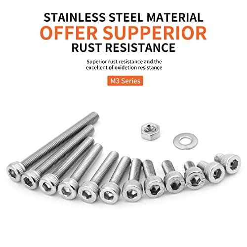 1310PCS M3 x 4/5/6/8/10/12/14/16/18/20/25/30mm Hex Socket Head Cap Screws Bolts and Nuts Flat Washers Assortment Kit, 304 Stainless Steel, Metric Machine Fully Thread, Allen Hex Drive - size: M3 Socket Head (1310PCS)