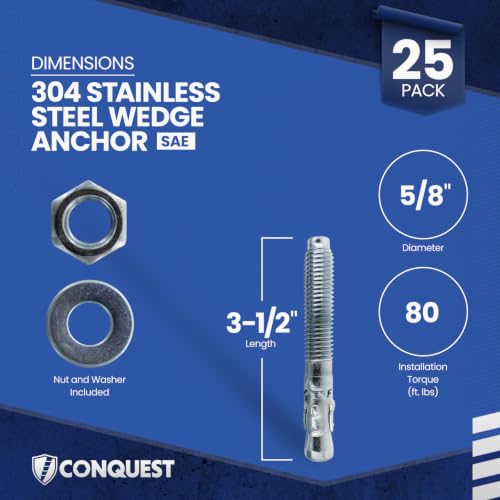 Conquest 304 Stainless Steel Wedge Anchors for Concrete 5/8” x 3-1/2” - size: 5/8" x 3-1/2"