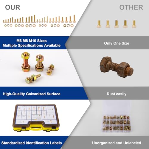 791pcs Nuts and Bolts Assortment Kit - Heavy Duty Grade 8.8 Metric M6 M8 M10 Bolt Set with Assorted Nuts and Washers, Yellow Zinc Plated, Length from 12-40mm - size: M6 M8 M10-791 PCS