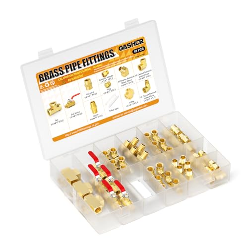 GASHER 48PCS 1/4"NPT Brass Pipe Fittings Kit，Coupling，90 Degree Elbow，45 Degree Elbow，Nipple，Ball Valve，Plug，Tee，4 Way，Reducer Adapter - style: Brass Pipe Fittings Kit（48Pcs）