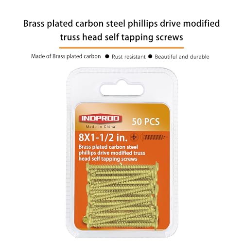 INDOROD #8 x 1-1/2" Truss Head Phillips Wood Screw (50 Pack), Brass Plated Screws, Self Tapping Wood Screws, Modified Truss Head, Brass Screws for Wood, 8 x 1-1/2 Inch, Gold - size: #8 x 1-1/2"