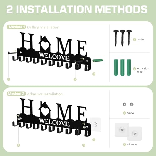 Key Holder Wall Mount, Adhesive Key Hanger with 12 Hooks, Black | Metal Material, 2 Mount Options, Compact Design, Cute Wall Decoration, Suit for Entryway, Doorway, Hallway, RV, Garage