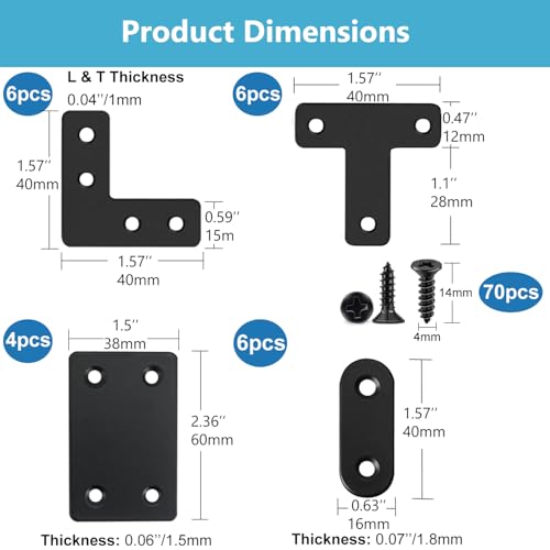 QSJ 22 Pack Straight Brace Stainless Steel Black Flat Brace Straight Corner Braces Straight Brackets Metal Flat Straight Mending Plates with Screws - size: 22Pcs Bracket Set (Flat T/L/Square/Strip)