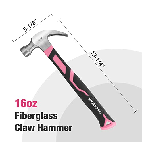WORKPRO 16 oz Claw Hammer, Pink Hammer with Fiberglass Handle, Pink Ribbon - color: Pink Ribbon, size: 16 oz