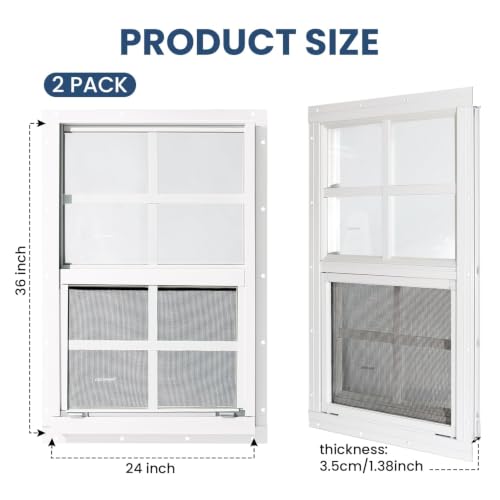 2 Pack Shed Windows, Chicken Coop Windows, 24" x 36" White - color: White, size: 24" x 36"