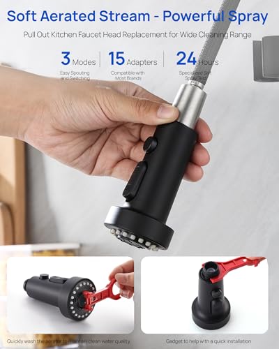 J-HVA Pull Down Kitchen Faucet Sprayer Head Replacement Part, Matte Black | 3 Function with 15 Adapters Pull Out Sink Sprayer Replacement Nozzle, Kitchen Faucet Head Hose Spray Tap Spout - color: Matte Black