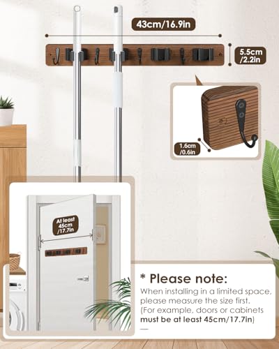 Broom Holder Wall Mount, 4 Holders 4 Hooks Mop and Broom Organizer - color: Brown, size: 1 Pack