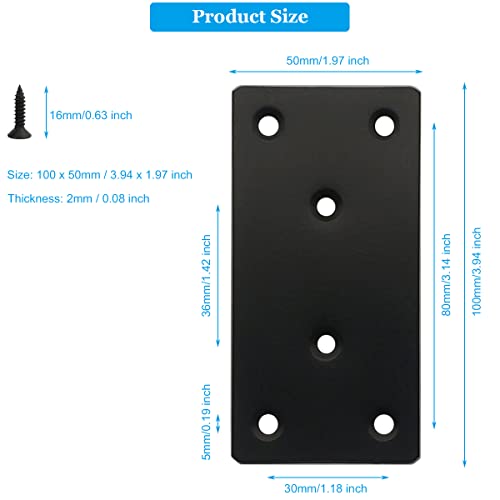 4 Pcs Black Flat Mending Plate Stainless Steel Flat Bracket 4 x 2 inch Metal Straight Brace Repair Joining Fixing Mending Bracket for Wood, with Screws