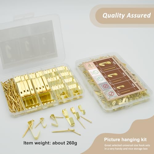 200Pcs Picture Hanging Kit with Nails & Hooks 10/30/50lb for Drywall - style: Gold