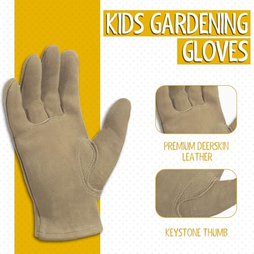 HANDLANDY Kids Leather Gardening Gloves, Kid Work Gloves, Khaki, S - color: Khaki (1 Pair), size: Small (Age 2-4)