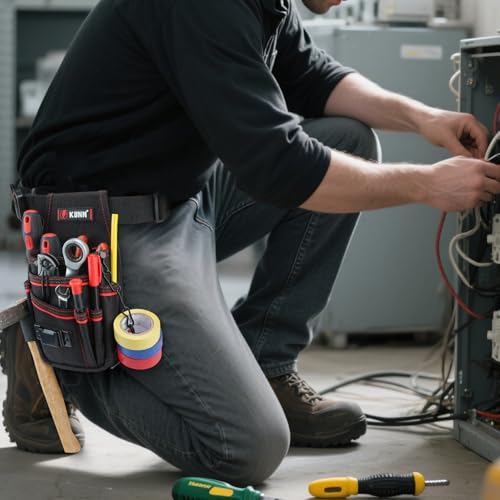 KUNN Electrician Tool Pouch with Belt Clip - 7-Pocket Lightweight Small Tool Belt Pouches for Carpenters, Technicians, HVAC - Heavy Duty Multi-Pocket Organizer for Construction, Maintenance, DIY Tools - color: Red