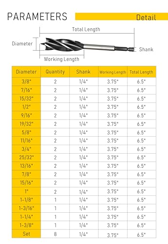 Wood Drill Bit Set 8Pcs 3/8 Inch - 1 Inch Auger Drill Bits for Wood and 1/2 Inch Drive Impact Drill Adapter, 1/4 Inch Quick Change Hex Shank - size: 3/8 - 1 Inch